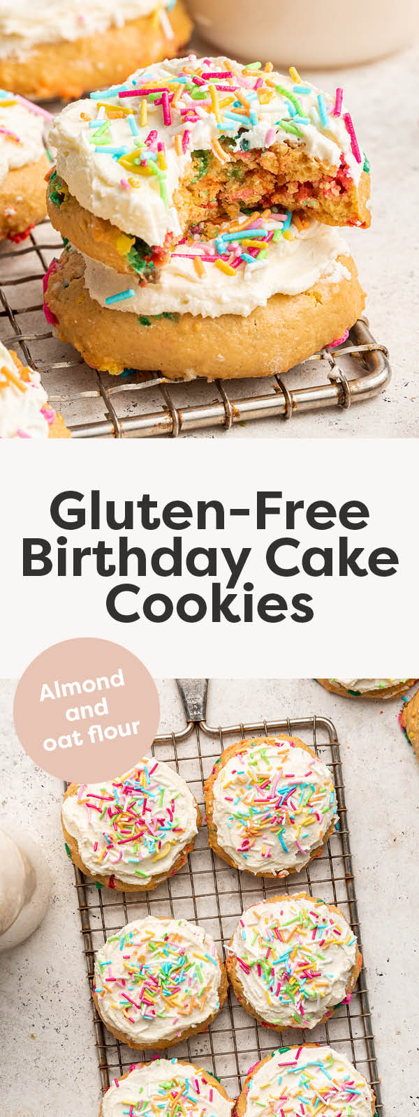 Birthday cake cookies topped with frosting and sprinkles.