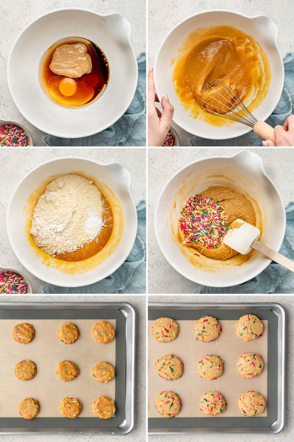 Collage of six photos showing the steps to make Birthday Cake Cookies from mixing the wet ingredients, adding the dry ingredients and sprinkles, then baking the cookies on a cookie sheet.