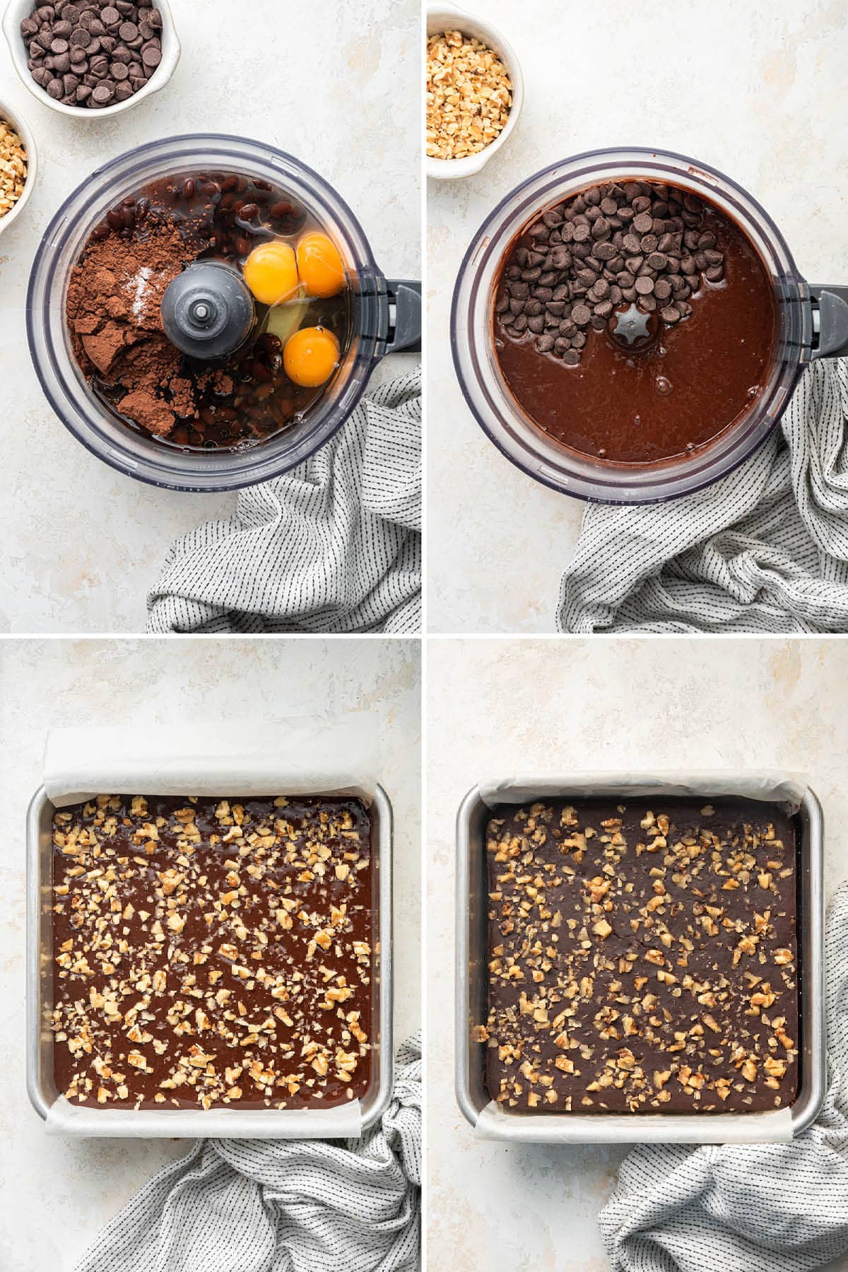 Collage of four photos showing the process to make Fudgy Black Bean Brownies: blending the batter in a food processor, pouring into a pan and baking with walnuts on top.
