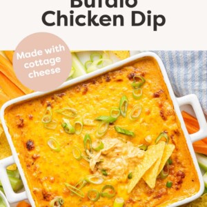 Dish with buffalo chicken dip, served with tortilla chips.