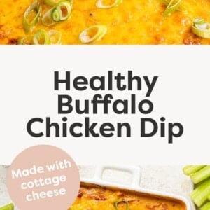 Celery stick dipping into buffalo chicken dip. Photo below is of a dish with buffalo chicken dip.