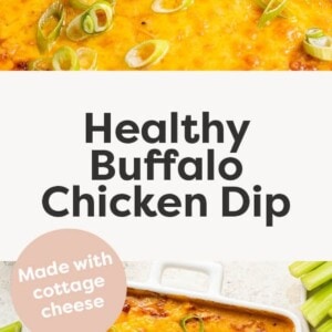 Celery stick dipping into buffalo chicken dip. Photo below is of a dish with buffalo chicken dip.