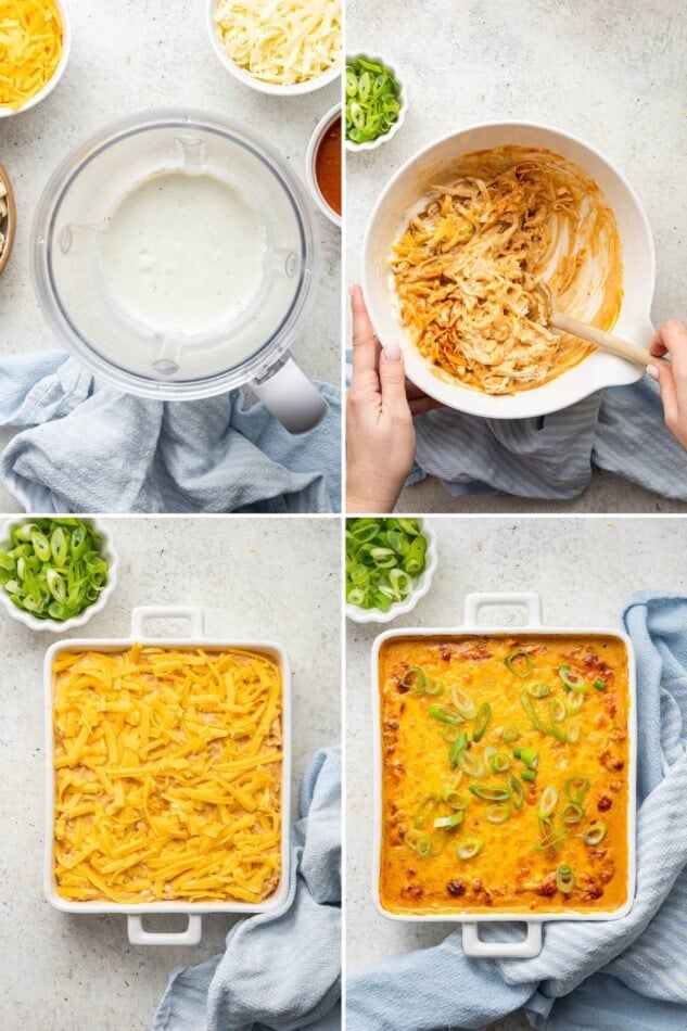 Collage of four photos showing the steps to make Healthy Buffalo Chicken Dip: blending the sauce, stirring with the chicken and buffalo sauce, and then baking the dip with cheddar on top.