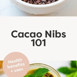 Bowl of cacao nibs. Photo below is of a green smoothie topped with cacao nibs.