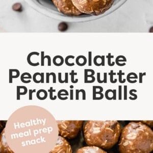 Bowl of chocolate peanut butter protein balls. Photo below is of the protein balls lined up on a tray.
