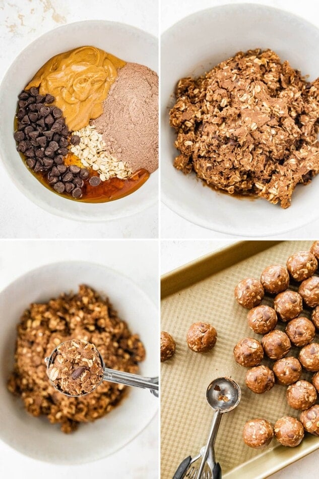 Collage of four photos showing how to make Chocolate Peanut Butter Protein Balls: mixing the ingredients together and then rolling into balls.