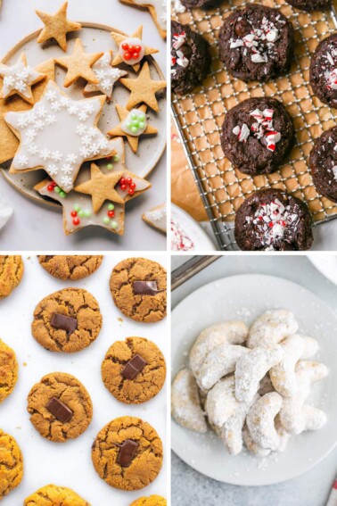 Collage of different healthy Christmas cookies: sugar, chocolate peppermint, peanut butter blossoms and crescent cookies.