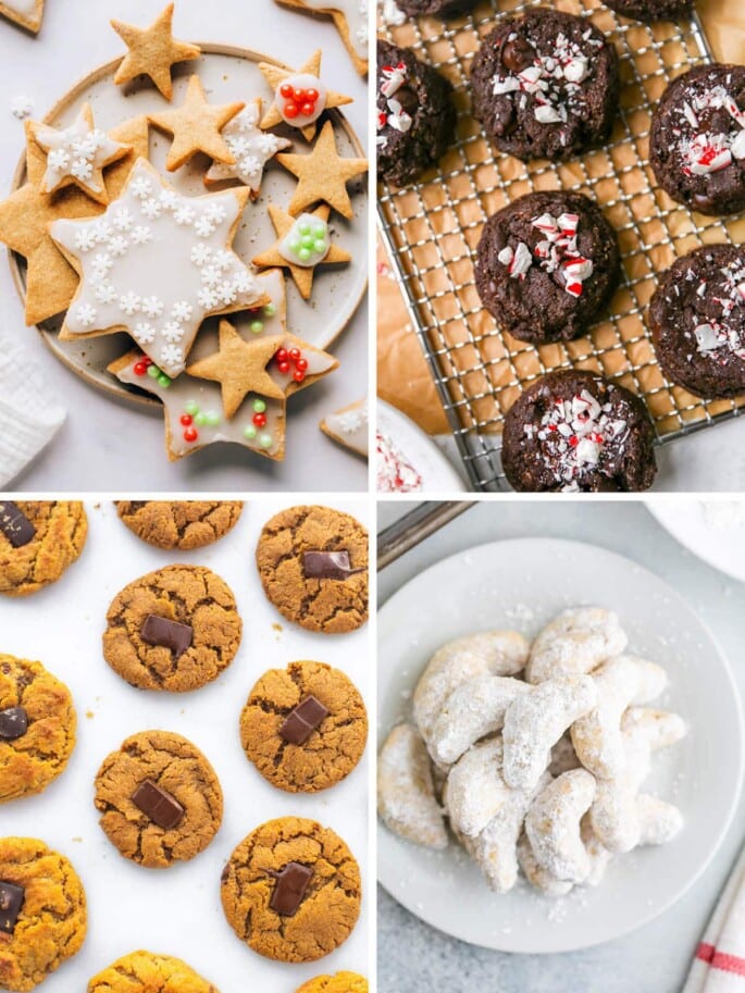 Collage of different healthy Christmas cookies: sugar, chocolate peppermint, peanut butter blossoms and crescent cookies.