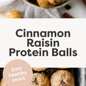 Bowl of Cinnamon Raisin Protein Balls. Photo below is of the protein balls on a sheet pan.