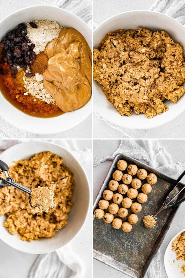 Collage of four photos showing how to make Cinnamon Raisin Protein Balls: mixing the ingredients together and then rolling into balls.