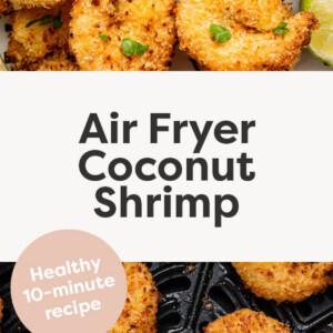 Air fryer coconut shrimp served with mango chili dipping sauce. Photo below is of the coconut shrimp in an air fryer basket.