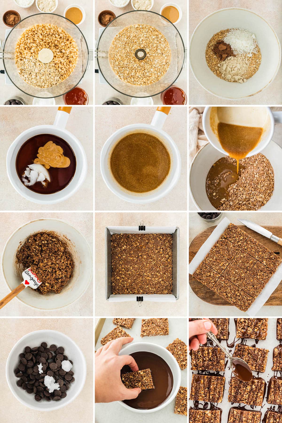 Collage of 12 photos showing the steps to make Crunchy Protein Bars: from mixing the brown rice cereal, protein powder and oats, topping with honey and peanut butter, pressing into a pan, cutting into bars and adding melted chocolate.