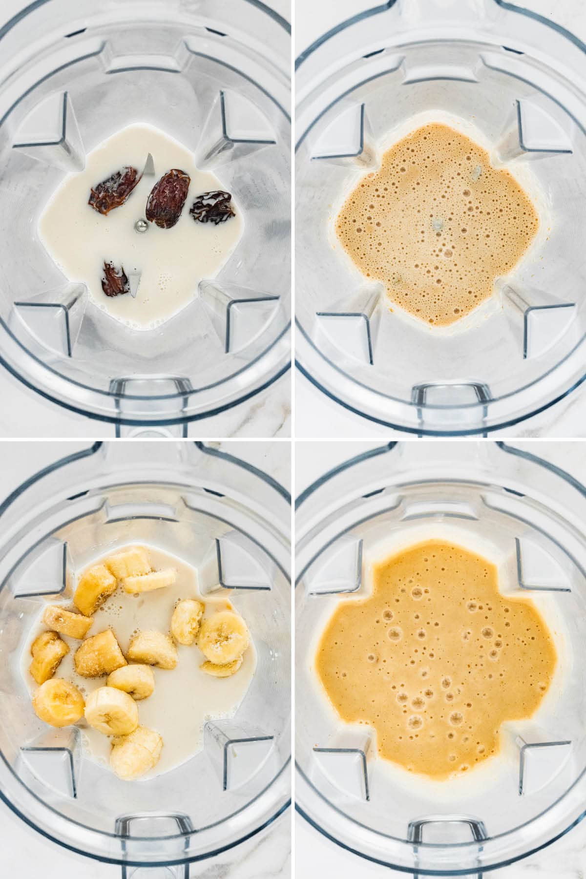 Collage of four photos showing how to make a Date Shake in a blender.