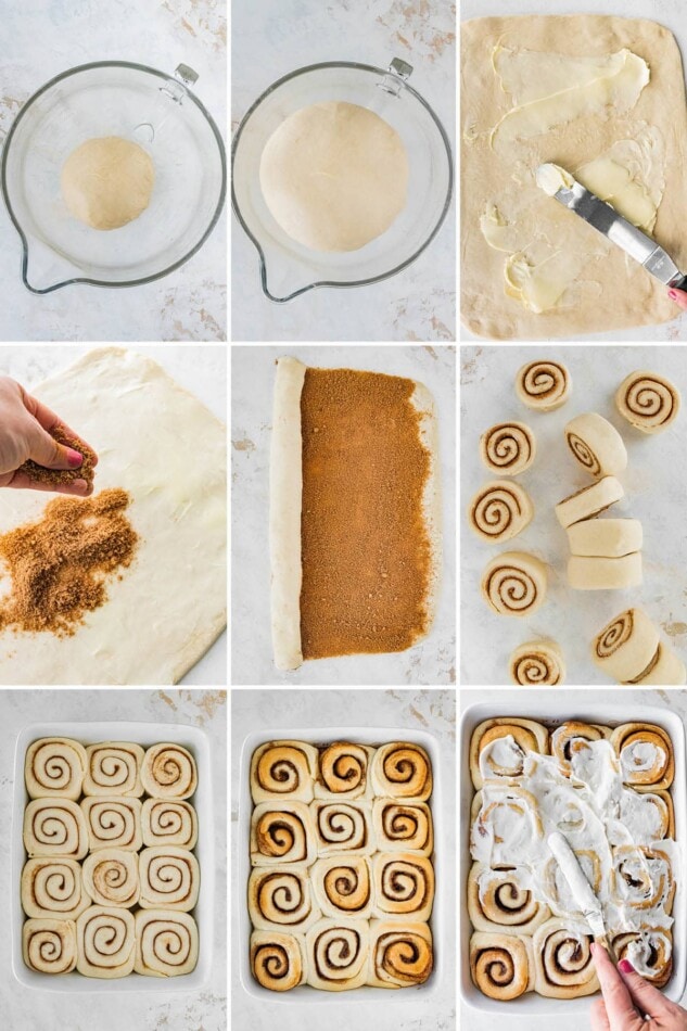 Collage of 9 photos showing the steps to make Fluffy Cinnamon Rolls: rising the dough, rolling it out with butter and cinnamon, rolling into a log, cutting rolls, baking and then topping with cream cheese frosting.