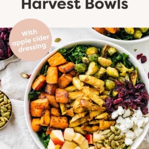Harvest bowl topped with roasted veggies, chicken, pepitas, apples and goat cheese.