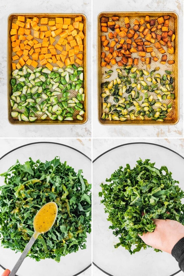 Collage of four photos. Two are of before and after roasting brussels sprouts and butternut squash. Two photos are of apple cider vinaigrette being drizzled on kale and massaged.
