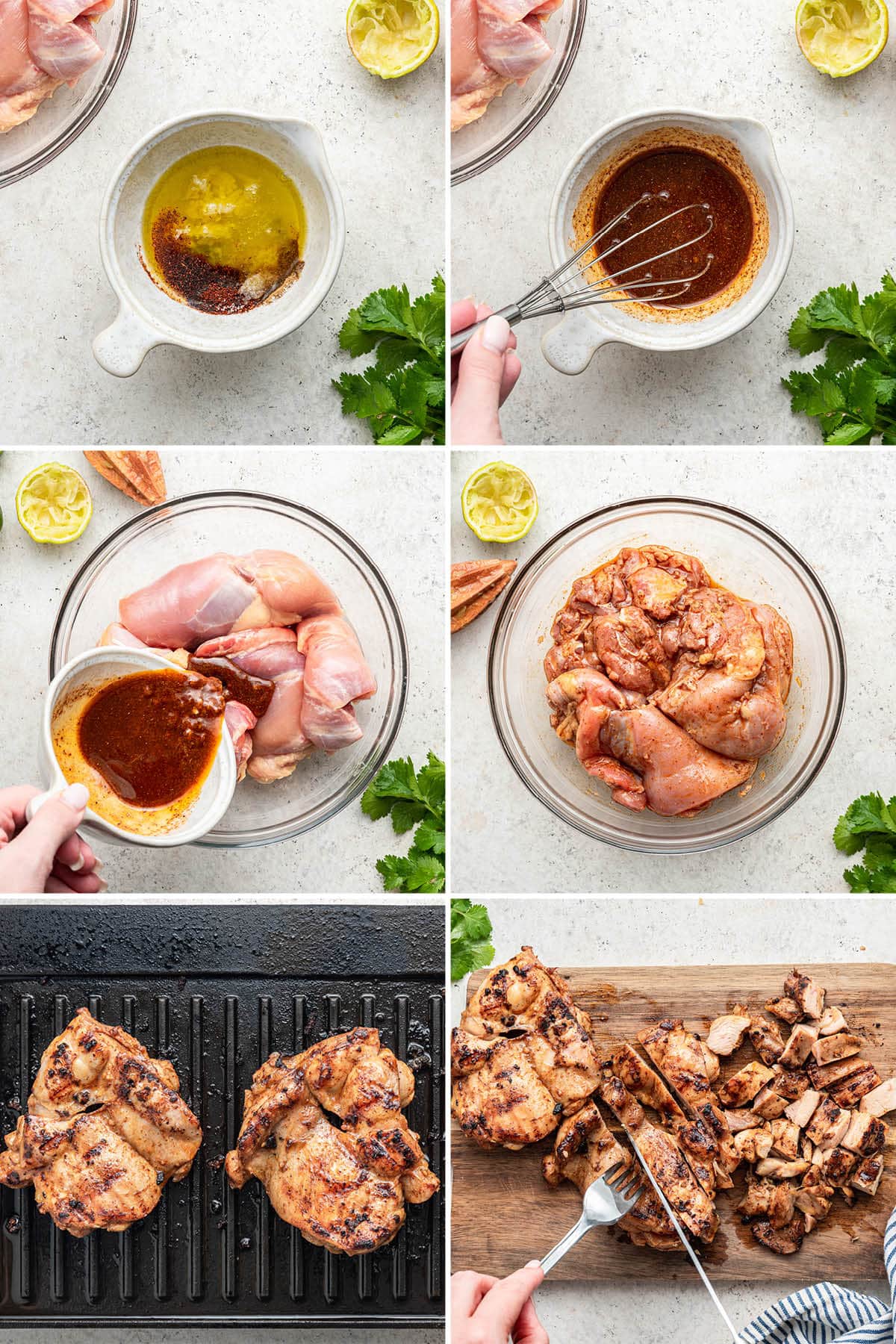 Six photos showing the steps to make chicken taco meat: marinating the chicken, grilling and chopping.