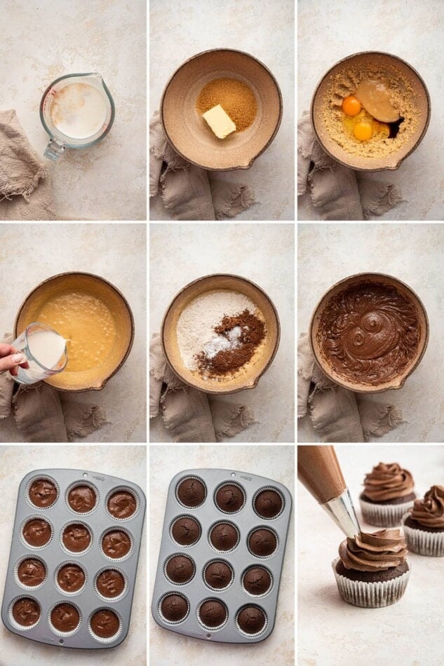 Collage of 9 photos showing how to make Healthy Chocolate Cupcakes: blending the batter and then baking in a cupcake tin.