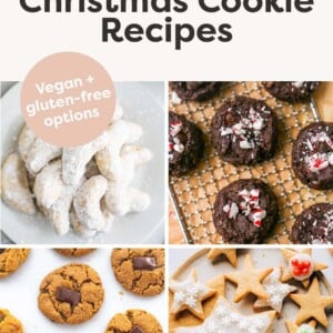 Collage of different healthy Christmas cookies: sugar, chocolate peppermint, peanut butter blossoms and crescent cookies.