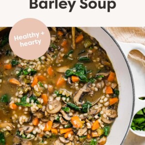 Pot of mushroom barley soup with a ladle.