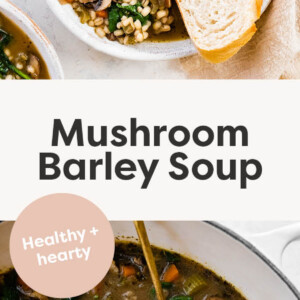 Photo of a bowl of mushroom barley soup served with bread. Photo below is of the soup in a pot.