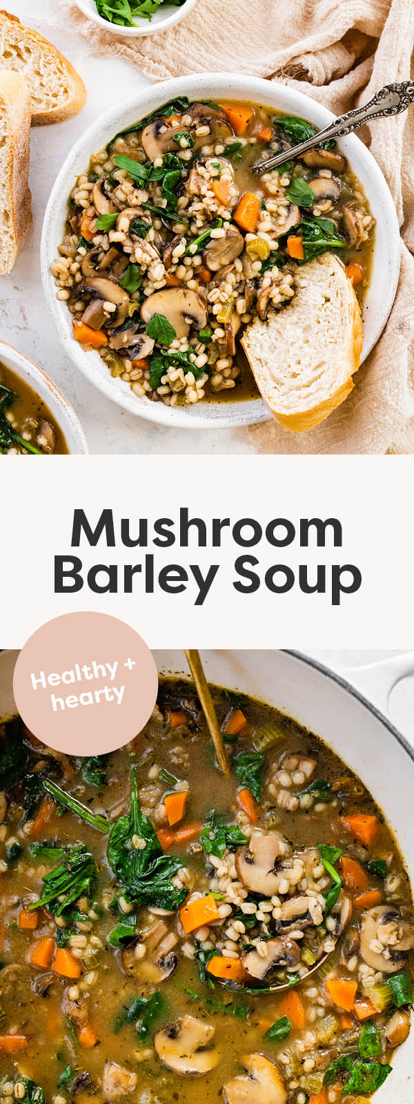 Photo of a bowl of mushroom barley soup served with bread. Photo below is of the soup in a pot.