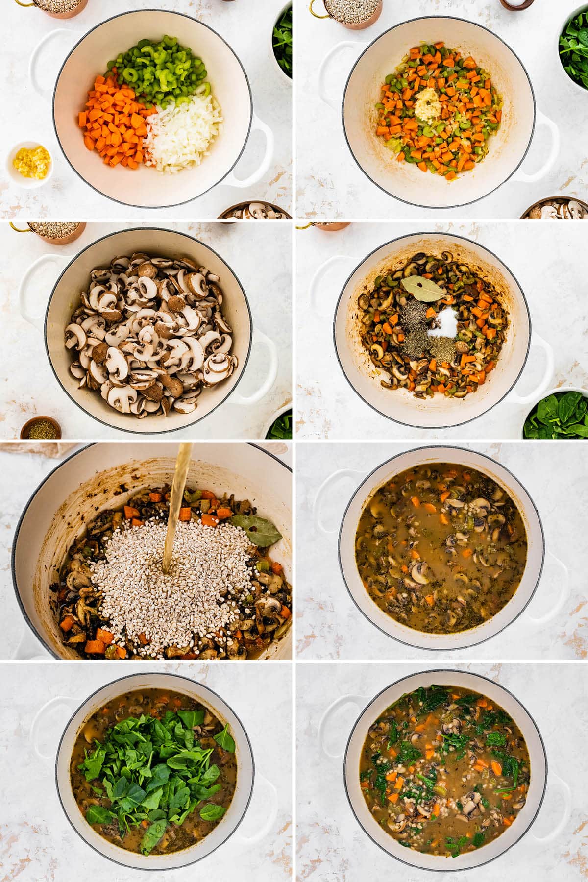 Collage of 8 photos showing to steps to make Mushroom Barley Soup.