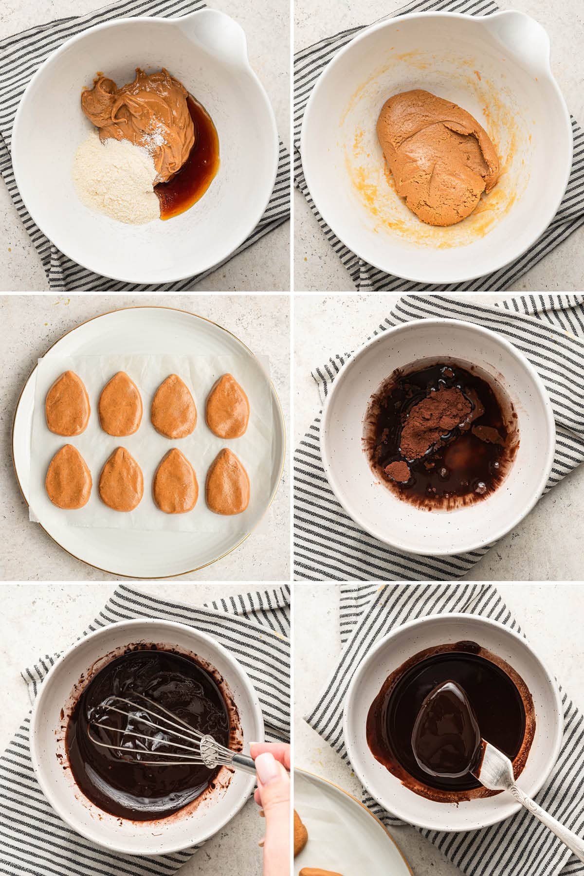 Collage of six photos showing the steps to make Healthy Peanut Butter Eggs: making peanut butter filling, forming into egg shapes, making chocolate coating and then dipping the peanut butter egg in the chocolate dip.