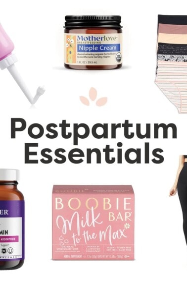 Collage of postpartum items including leggings, vitamins, peri bottle, underwear etc.