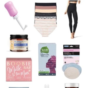 Collage of postpartum items including leggings, vitamins, peri bottle, underwear etc.