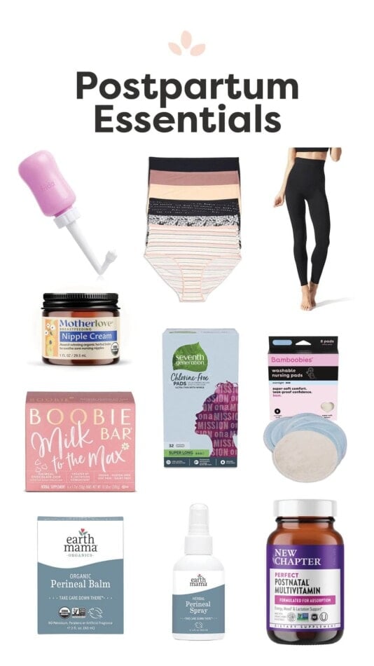 Collage of postpartum items including leggings, vitamins, peri bottle, underwear etc.
