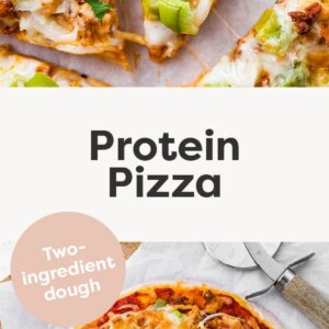 Close up photo of a slice of protein pizza. Photo below is of an uncut protein pizza.