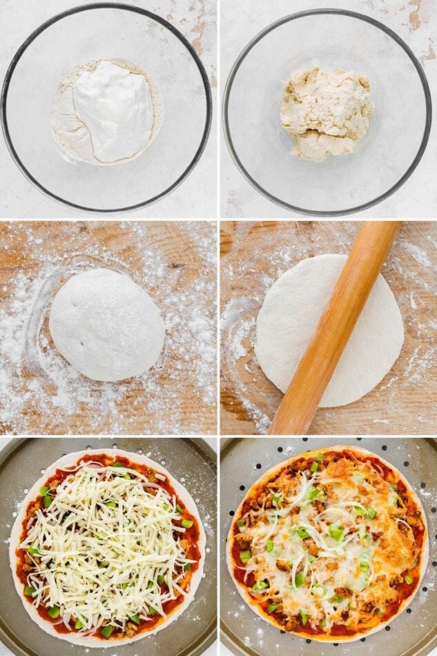 Collage of six photos showing the steps to making Protein Pizza, rolling out the dough and adding toppings.