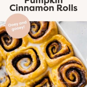 Baking dish with vegan pumpkin cinnamon rolls.