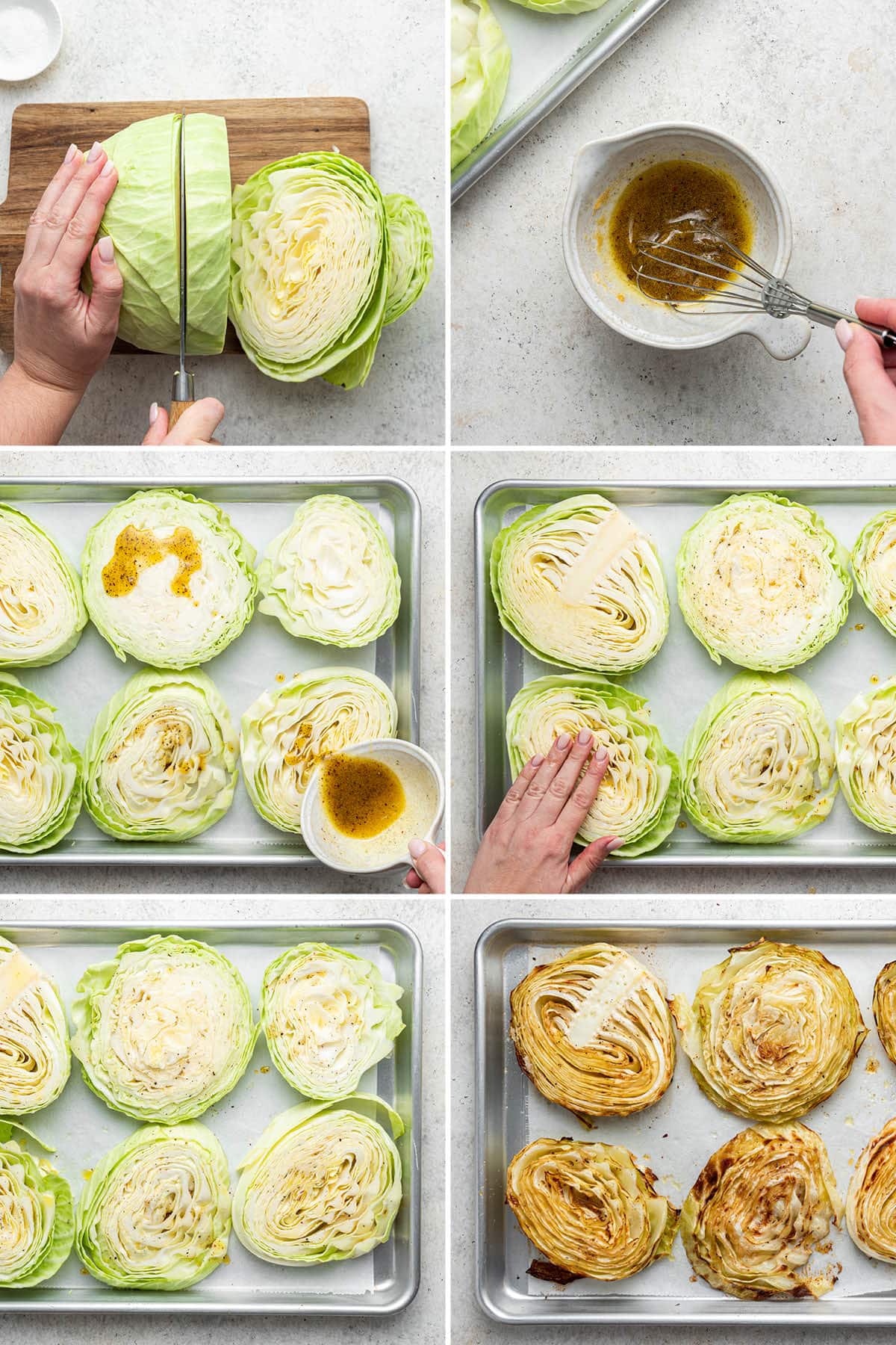 Collage of six photos showing how to make Roasted Cabbage: cutting the cabbage, whisking olive oil with spices, rubbing the oil mixture on the cabbage and then roasting.