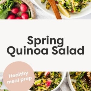 Serving bowl of a Spring Quinoa Salad topped with pistachios and lemon slices. Below is a photo of two small bowls with portions of the Spring Quinoa Salad.