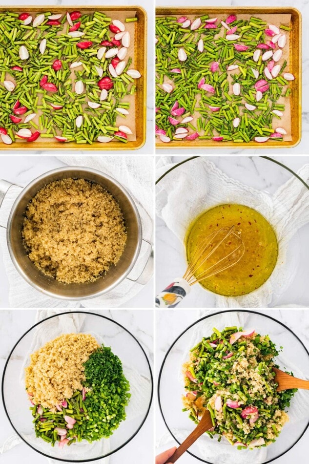 Collage of six photos showing the steps to make Spring Quinoa Salad: roasting asparagus and radishes, cooking quinoa making the dressing and then tossing all the salad ingredients together.