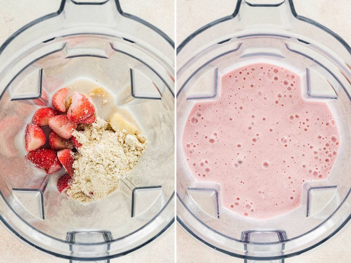 Side by side photos of ingredients to make a Strawberry Banana Protein Smoothie in a blender, before and after being blended.