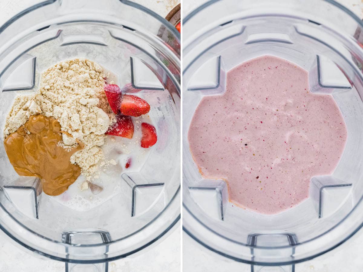 Side by side photos of ingredients to make a Strawberry Protein Shake in a blender, before and after being blended.