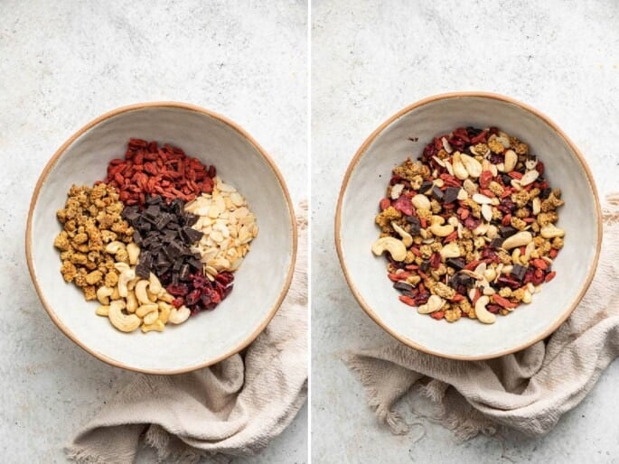 Side by side photos of ingredients like dried fruit, chocolate and nuts in a bowl, before and after being mixed to make trail mix.