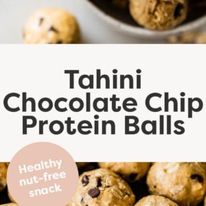 Bowl of Tahini Chocolate Chip Protein Balls. Photo below is of the protein balls lined up on a tray.