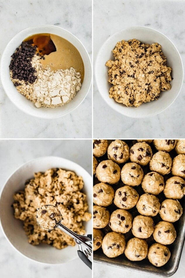 Collage of four photos showing how to make Tahini Chocolate Chip Protein Balls: mixing the ingredients together and then rolling into balls.