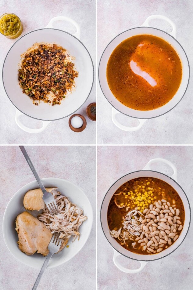 Collage of four photos showing the steps to make Healthy White Bean Chicken Chili, from cooking the onion, adding broth and chicken, shredding the chicken and then stirring in the beans and corn.