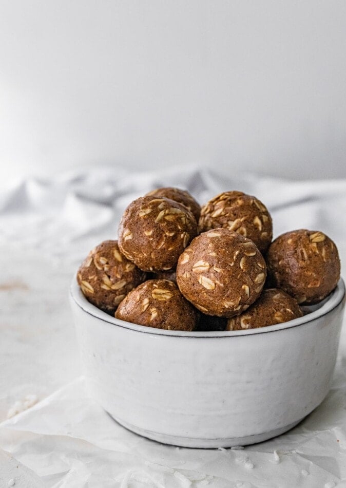 A bowl of almond joy protein balls.