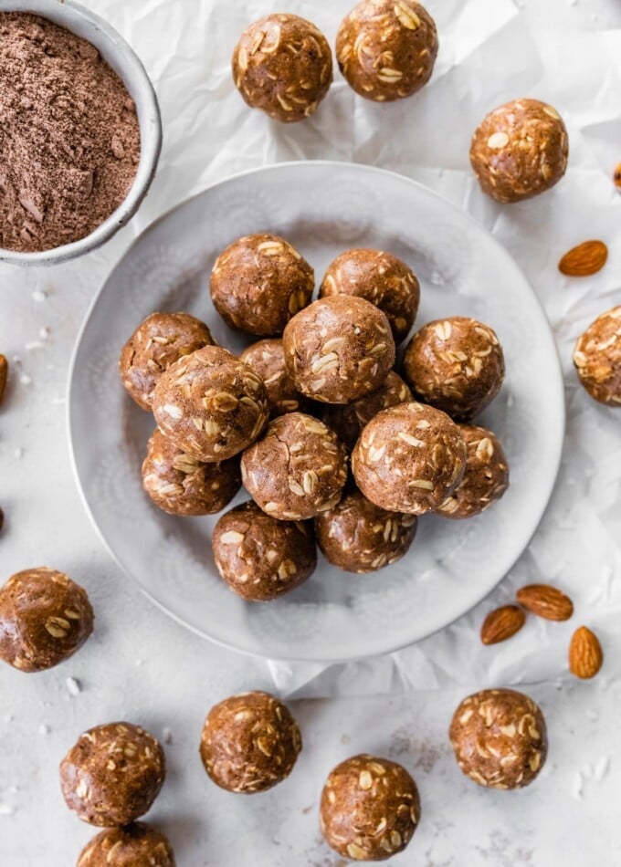 Almond joy protein balls on a plate.