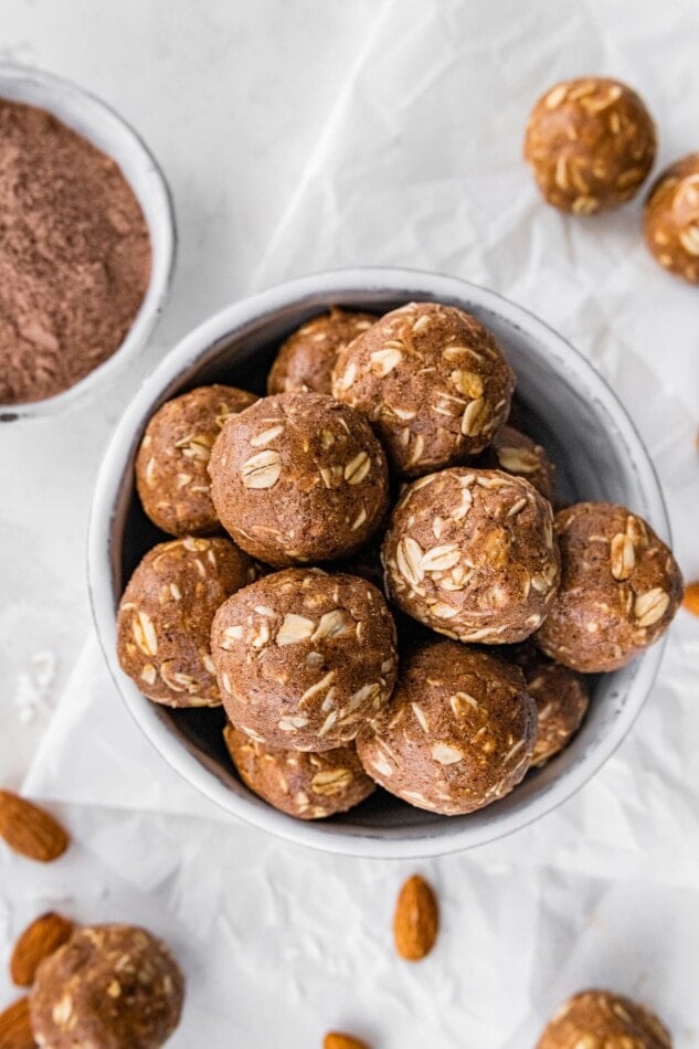 A bowl of almond joy protein balls.