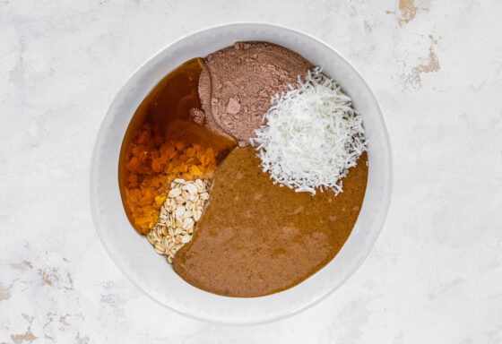 Ingredients for almond joy protein balls in a bowl.