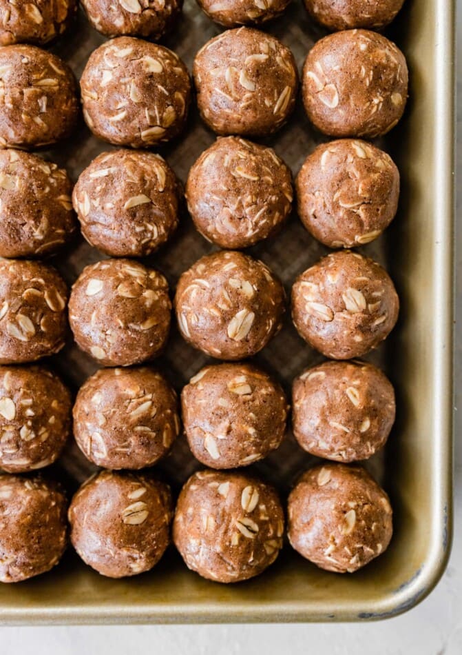 Rows of almond joy protein balls.