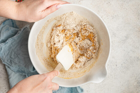 Almond flour, oat flour, baking powder and salt added to egg mixture.