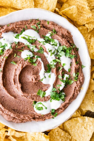 A bowl of black bean dip surrounded by tortilla chips.